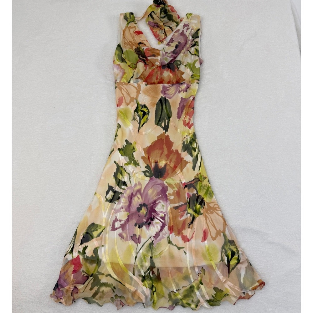 Y2K Mieka Silk Watercolor Floral Midi Dress Womens XS Fairy Garden Wedding Guest
